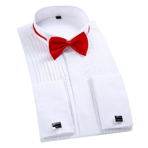 Bryllupssmokingskjorte Vingetuppkrage med sløyfe Plisseret skjorte Mansjettknapper Langermet vanlig topp for menn White 38
