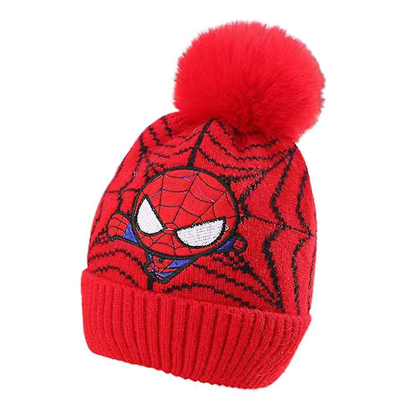 Spiderman-pipohattu, talvinen lämmin pom-pom-paksu neulottu hiihtolakki lapsille pojille Red