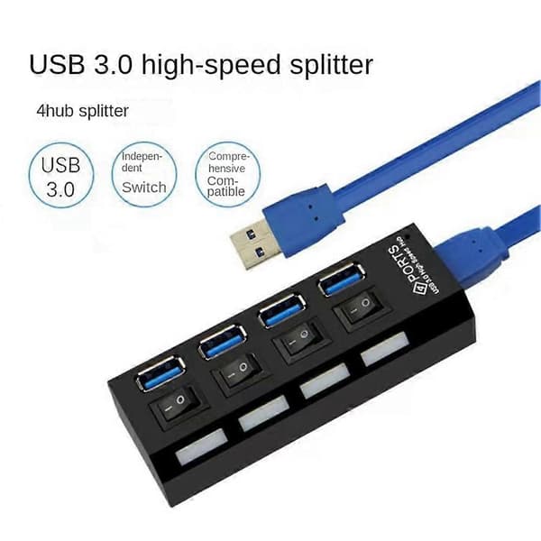 USB 3.0 strømadapter 4 porter Multi USB-splitterhub 3.0USB-hub 50 cm kabelhub dokkingstasjon EU-plugg Svart