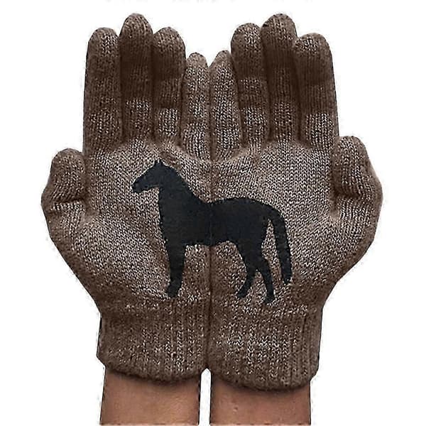 Damhandskar med hästtryck, stickade varma vantar Brown