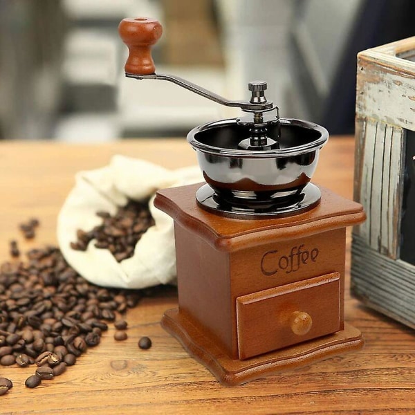 Retro brun tre manuell kaffekvern med bærbar sveiv, antikk design kaffekvern, espressokvern for kaffebønner, kaffebønner, rustfritt stål