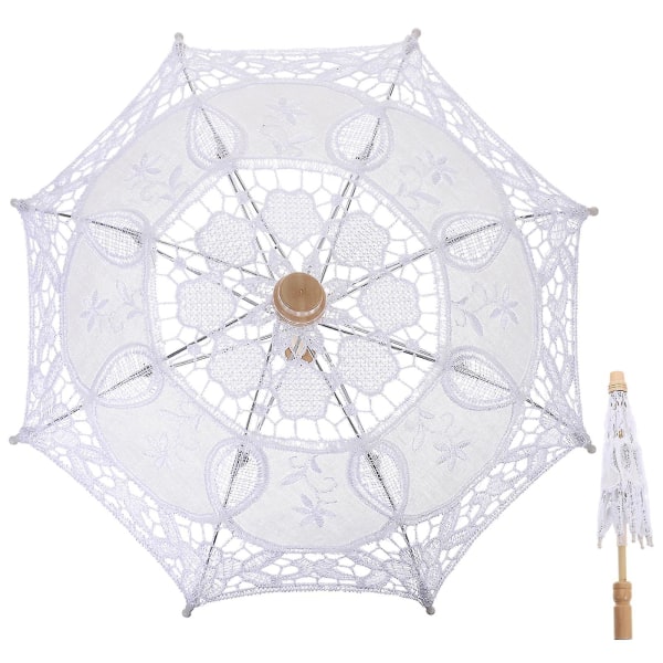 Otwoo bryllup dekorativ paraply brud blonde parasol broderi paraply ornament White