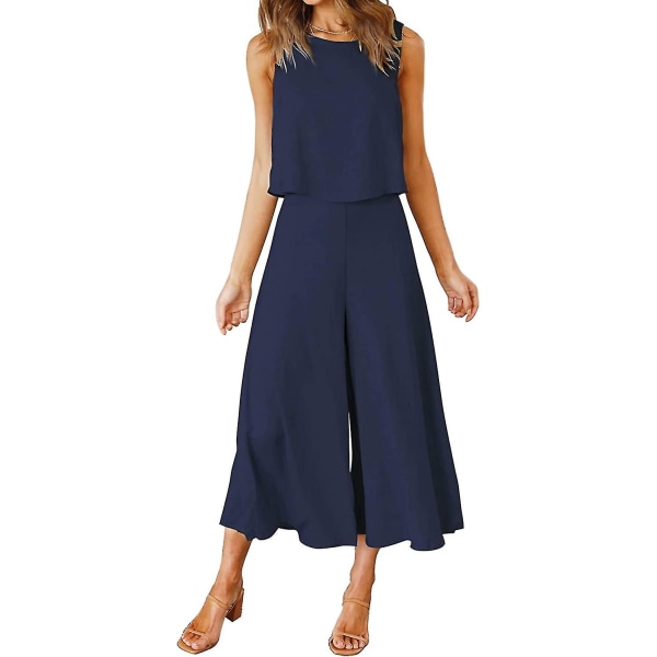 Roylamp Women's Summer 2-delade outfits Rundhalsad Crop Basic Top Beskuren Byxa Set med vida ben Jumpsuits Navy Blue X-Small