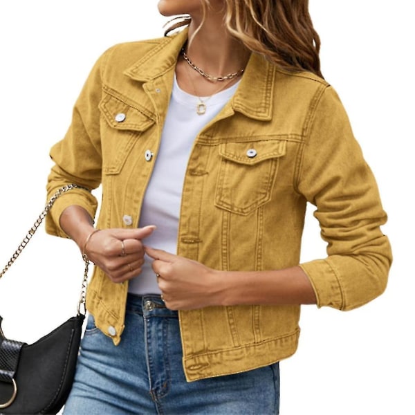 Kvinnors Button Down Långärmad Cropped Jeansjacka med fickor Yellow L