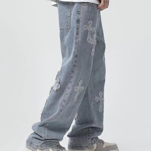 V-hanver Mænd Streetwear Baggy Jeans Bukser Cross Hip Hop Herre Løse jeans Bukser Kvinder Oversized Boyfriend Jeans Denim Jeans M