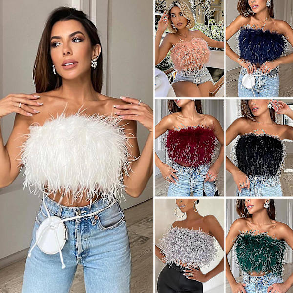 Festelig Crop Top Fluffy Hudvennlig Ermeløs Off Shoulder Dame Camisole Nattfestklær