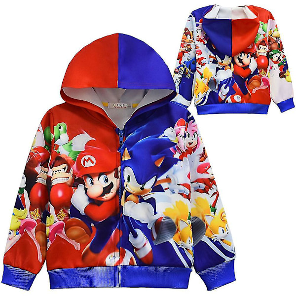 Super Mario Bros 3D-printti Lasten Täysvetoketjullinen Hupparitakki Pitkähihainen Sarjakuva Rento Hupullinen Paita B 8-9 Years