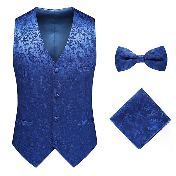 Sliktta Herr 3Pce Paisley Dress Vest och fluga Set och Pocket Square Blue 2XL