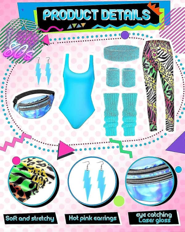7 stk. 80'er-kostume 80'er-tilbehørssæt 80'er 90'er Leotard Legging Håndled Ben S Øreringe Bæltetaske Cute Zebra Medium