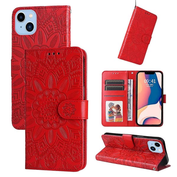 Præget solsikke læder telefoncover til iPhone 14 Plus Red