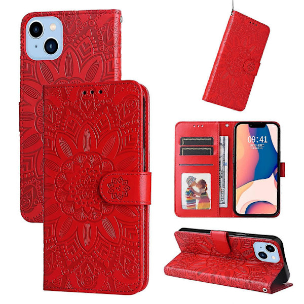 Präglat solrosläderfodral för iPhone 14 Plus Red