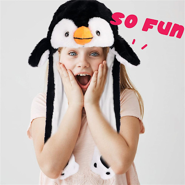 Pingviini-pehmohattu liikkuvilla korvilla, hyppäävä ja pomppaava hattu joulujuhliin ja cosplay-asuun