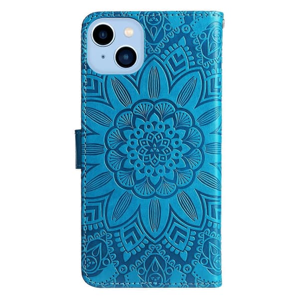 Præget solsikke læder telefoncover til iPhone 14 Plus Blue