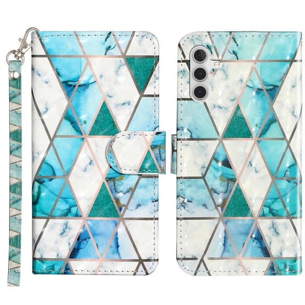 Telefonveske med 3D-mønsterutskrift for Samsung Galaxy A14 5G, anti-ripe PU lær lommebok Flip Cover Stativ med stropp Green Marble