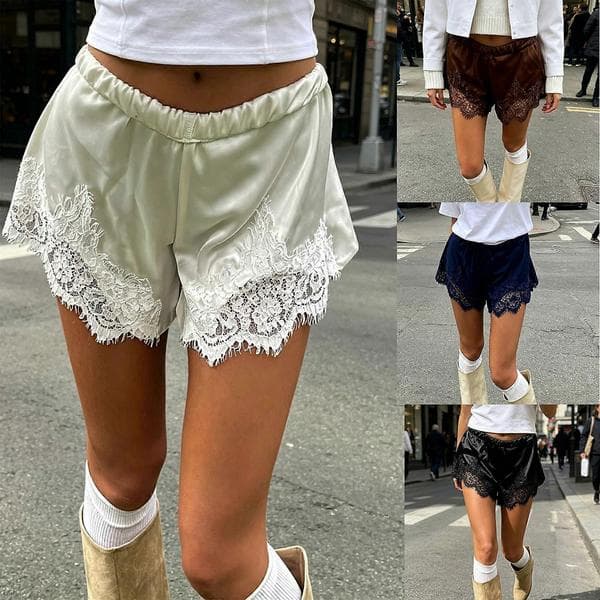 Shorts til kvinder med elastisk talje, brede ben og blondekant, letvægts polyester, sommer, afslappet komfort, silkebløde pyjamasunderdele, sort S Black S