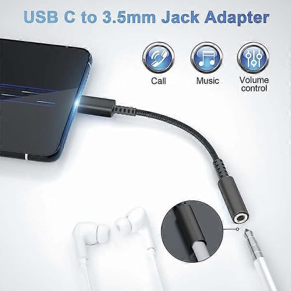 Dww USB C til 3,5 mm Jack Adapter, USB C til 3,5 mm Jack Adapter, USB C Auxiliary Adapter, Audio Jack Adapter med højopløselig DAC-chip, kompatibel med