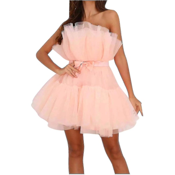Kvinnor Tyllklänning Ärmlös kort klänning Solid Mesh Princess Steapless Party Dress_y Pink 34