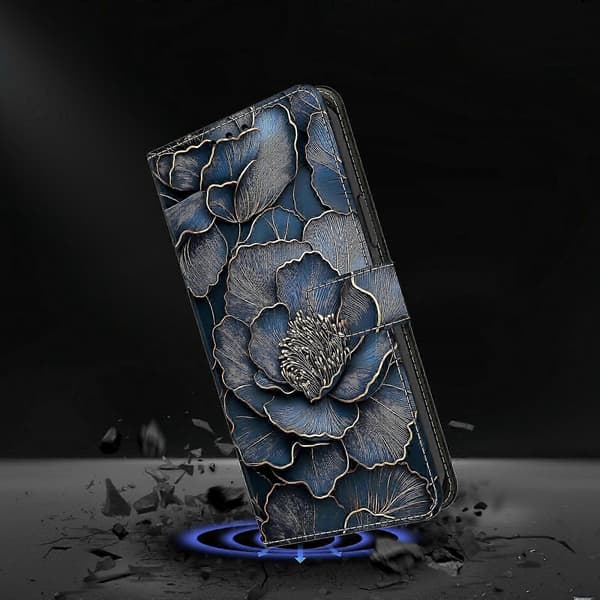 Plånboksfodral med vikbart stativ för Galaxy S25 FE, mönstertryckt läderflipfodral för telefon Blue Gold Peony