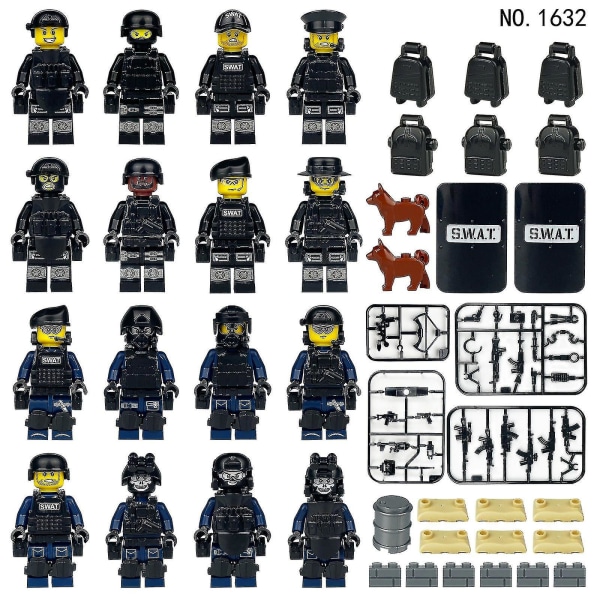 16 stk Blå Swat Sort Dukke Byggeklods Legetøj Anti-terrorisme Militær Model Dukke Børn Samling byggeklodser Legetøj