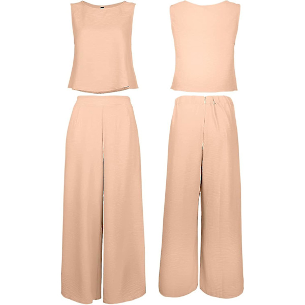 Roylamp Sommer-outfits til kvinder i 2 dele Rundhalset Crop Basic Top Beskåret Bukser med brede ben, Jumpsuits Khaki Large