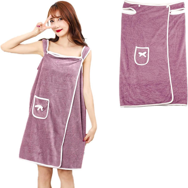 Håndklædekjole, badehåndklæde med stropper og lomme til kvinder, polyester, lilla, 31 tommer × 51 tommer
