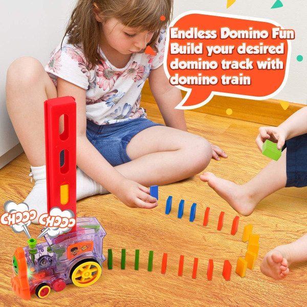Automatisk Domino-togmodel med lys, Domino-stablelegetøj, stablespil, kreativ gave til 3, 4, 5 og 6-årige drenge og piger.
