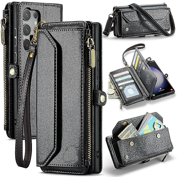 For Samsung Galaxy S24 Ultra Case Lommebok, Magnetisk lukking 360 Full Støtsikker Beskyttelse Drop Absorption Heavy Duty Lærveske black
