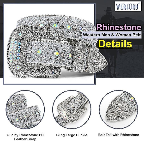 Strassbälte för män och kvinnor - Western Cowboy Cowgirl Bling dubbat läderbälte Silver 115cm(45Inch)