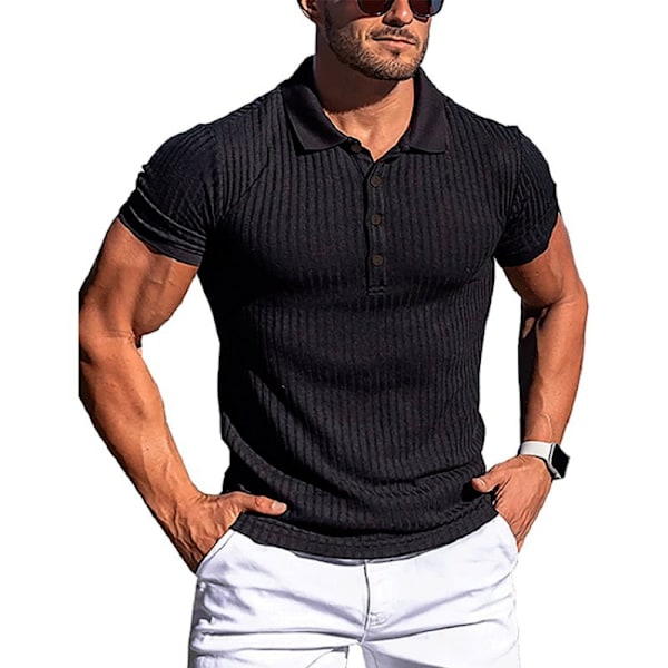 Herre sommer sports fitness fritid elastisk revers lodret stribet kortærmet POLO skjorte mænd Black XXL