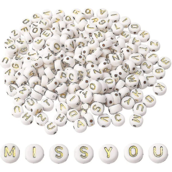 200 stk bokstavperler, 7 mm bokstavperler alfabetperle hvit perle med gullbokstaver Crday-gave