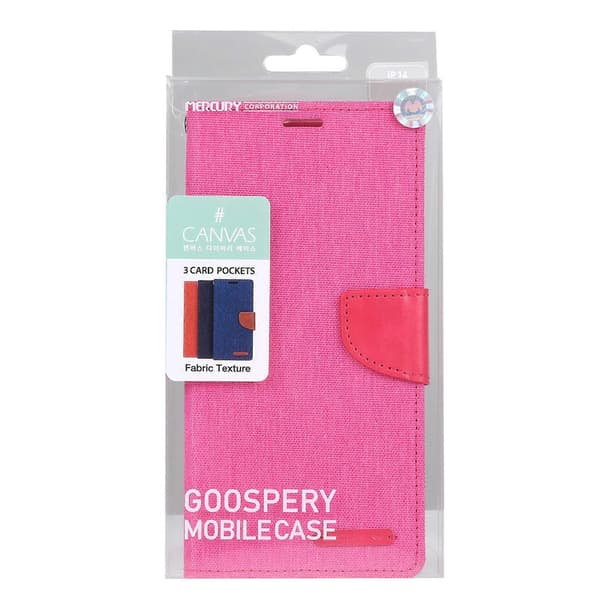 För iPhone 14 Plus GOOSPERY CANVAS DIARY Canvas Textur Flip Läder Telefonfodral Rose Red