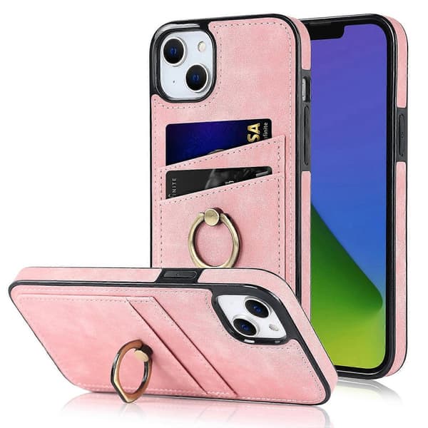 Vintage Patch Læder Telefon Cover med Ringholder til iPhone 14 Plus Pink