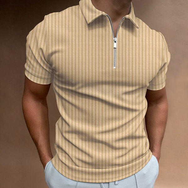 2025 Ny Casual Slim Fit Kortärmad Dragkedja Randig Krage T-shirt Toppar Pikétröja Khaki XL