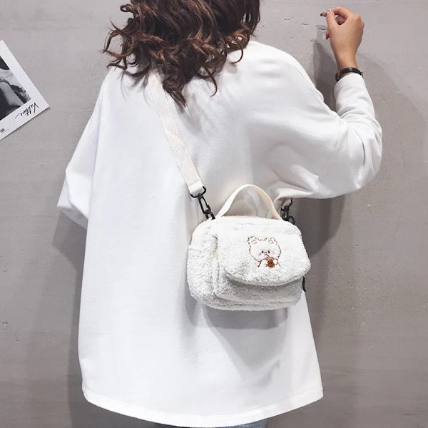 Dam Mini Plysch Axelväska Liten Canvas Crossbody Väska Broderi Dragkedja Tyg Handväska Mobiltelefon Väska Tote White