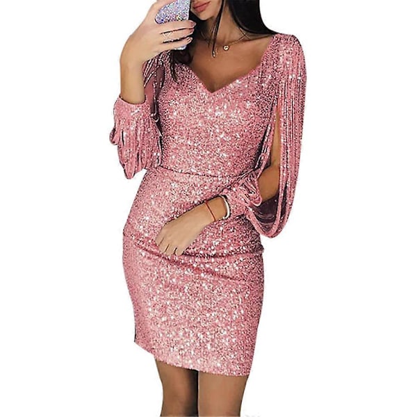 Kvinde Sequin Tassel Ærme Mini Kjole Solid V Hals Aften Fest Slim Fit Kort Kjole Plus Størrelse Pink 2XL