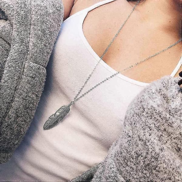 Boho Fjer Vedhæng Halskæde Kæde Lang Blad Halskæder Smykker Til Kvinder Og Piger Silver