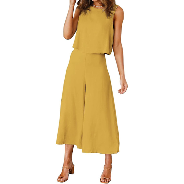 Roylamp Sommer-outfits til kvinder i 2 dele Rundhalset Crop Basic Top Beskåret Bukser med brede ben, Jumpsuits Ginger Yellow X-Small