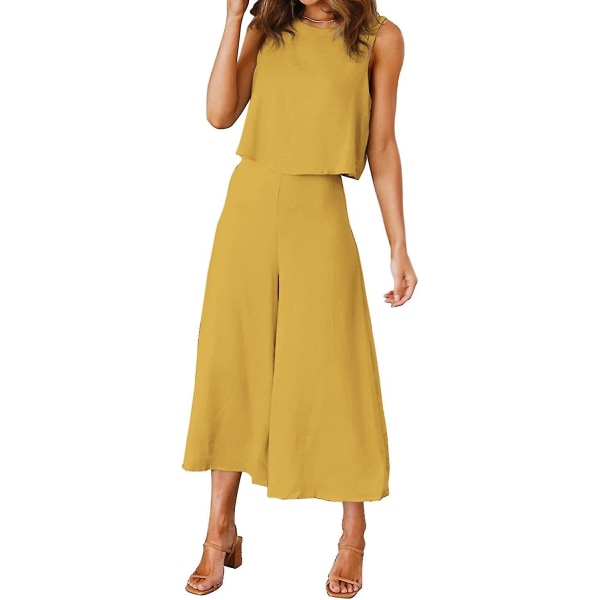 Roylamp sommerantrekk for kvinner i 2 deler Rundhalset Crop Basic Topp Beskåret buksesett med brede ben, Jumpsuits Ginger Yellow Medium