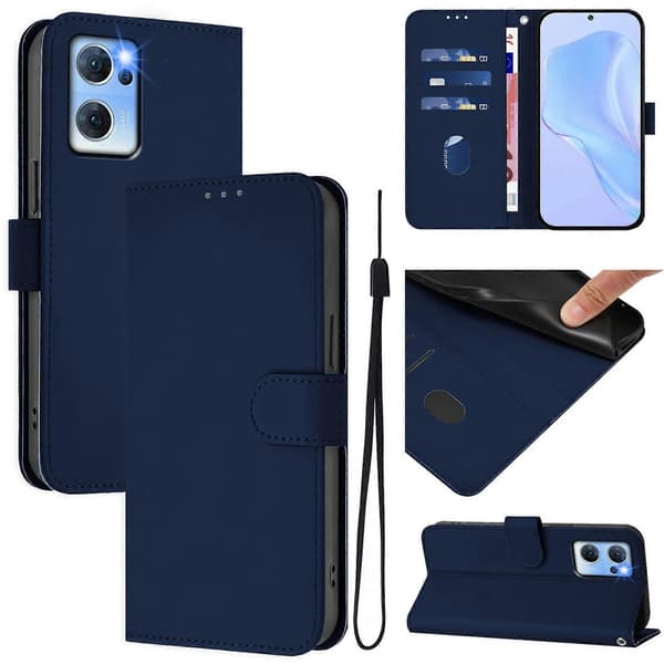 Lanyard PU Etui Til OPPO Reno7 5G Global Navy Blue