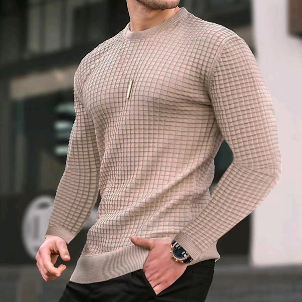 Våfflad vårtröja för män, rund hals, trendig sportfritid, lösstickad långärmad sweatshirt Khaki M