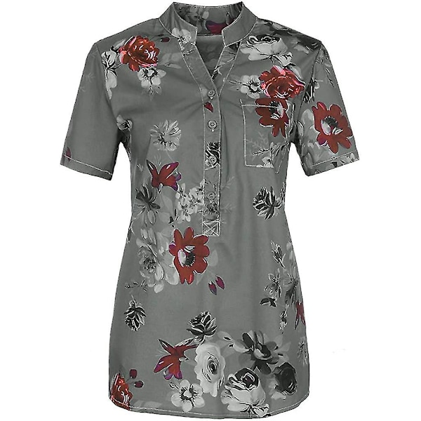 Blommiga toppar för kvinnor 2023 Button Down Mode Casual Lång-/kortärmade skjortor Blus Gray 4X-Large