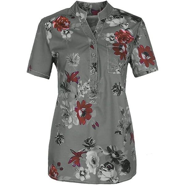 Blomstrete topper for kvinner 2023 Button Down-mote Uformelt Skjorter med lange/korte ermer Bluse Gray 4X-Large