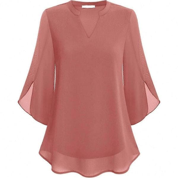 Dame Flæsebluser Afslappet V-hals Dobbeltlag Chiffon 3/4 Ærmer Toppe Sort Black L