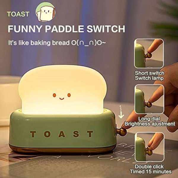 Cute Bread Led Night Light, USB Genopladelig Toast Natlampe, Hjemme Natlampe Sengelampe, skrivebordsindretning til børn Green Toast