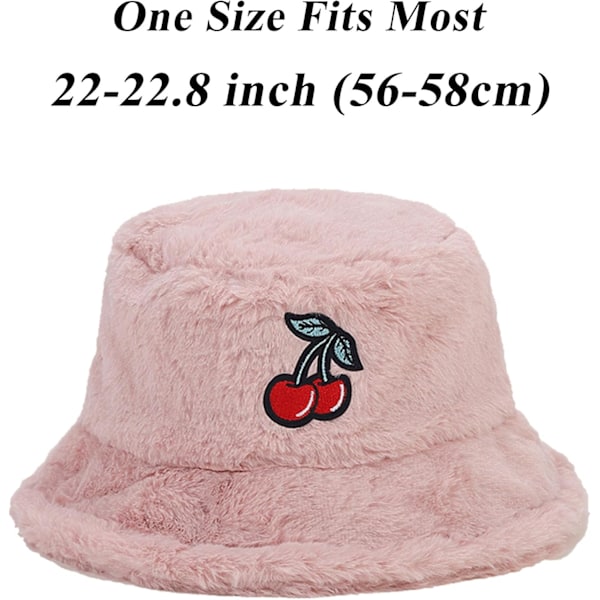 Fuzzy Bucket Hat för Kvinnor och Män - Luddig, Söt Bucket Hat för Vinter, Varm Plysch, Fiskehatt, Fluffig Sherpa, Rolig Hatt Cherry-a-pink