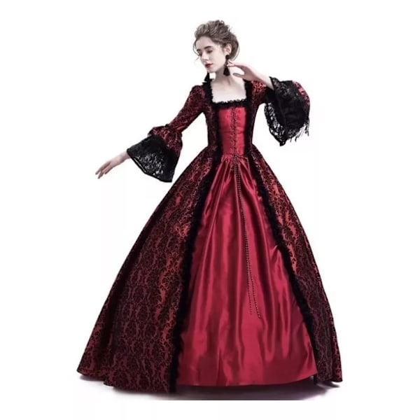 Elegant Voksenkjole i Middelalder Stil med Blonder - Catrina Cosplay Rojo 3XG