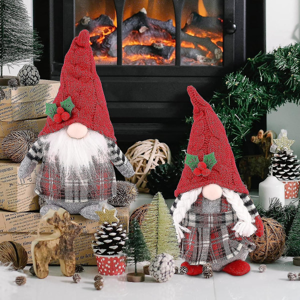 Sæt med 2 julerøde plaid plysstrikkede julemandsdukker, 11,8 tommer Xmas Gonk Dværg Elf røde bær dekorationspynt, stående, gaver, ornamenter