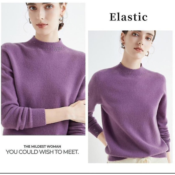 Cashmere tröja för kvinnor 100 % Cashmere Lätt långärmad stickad tröja med rund hals Deep purple L