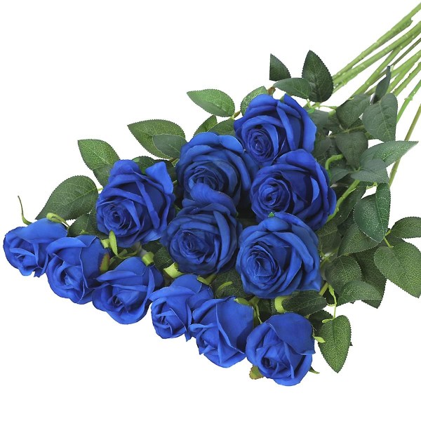 12 stk kunstige silkeblomster realistiske roser bukett lang stilk for hjemme bryllup dekorasjon fest (blå)