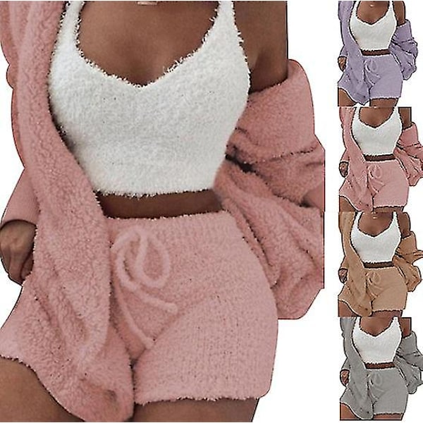 Naisten Talviset Lämpimät Pyjamat 3-osainen Urheilupuku Pink M